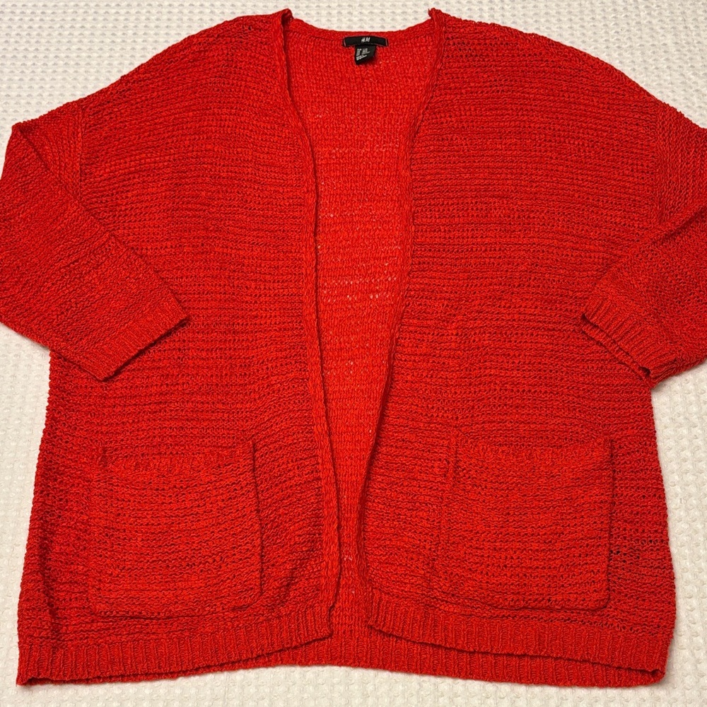 H&M Vibrant Orange Red Open-Front Textured Weave Cardigan Sweater Oversized S/M